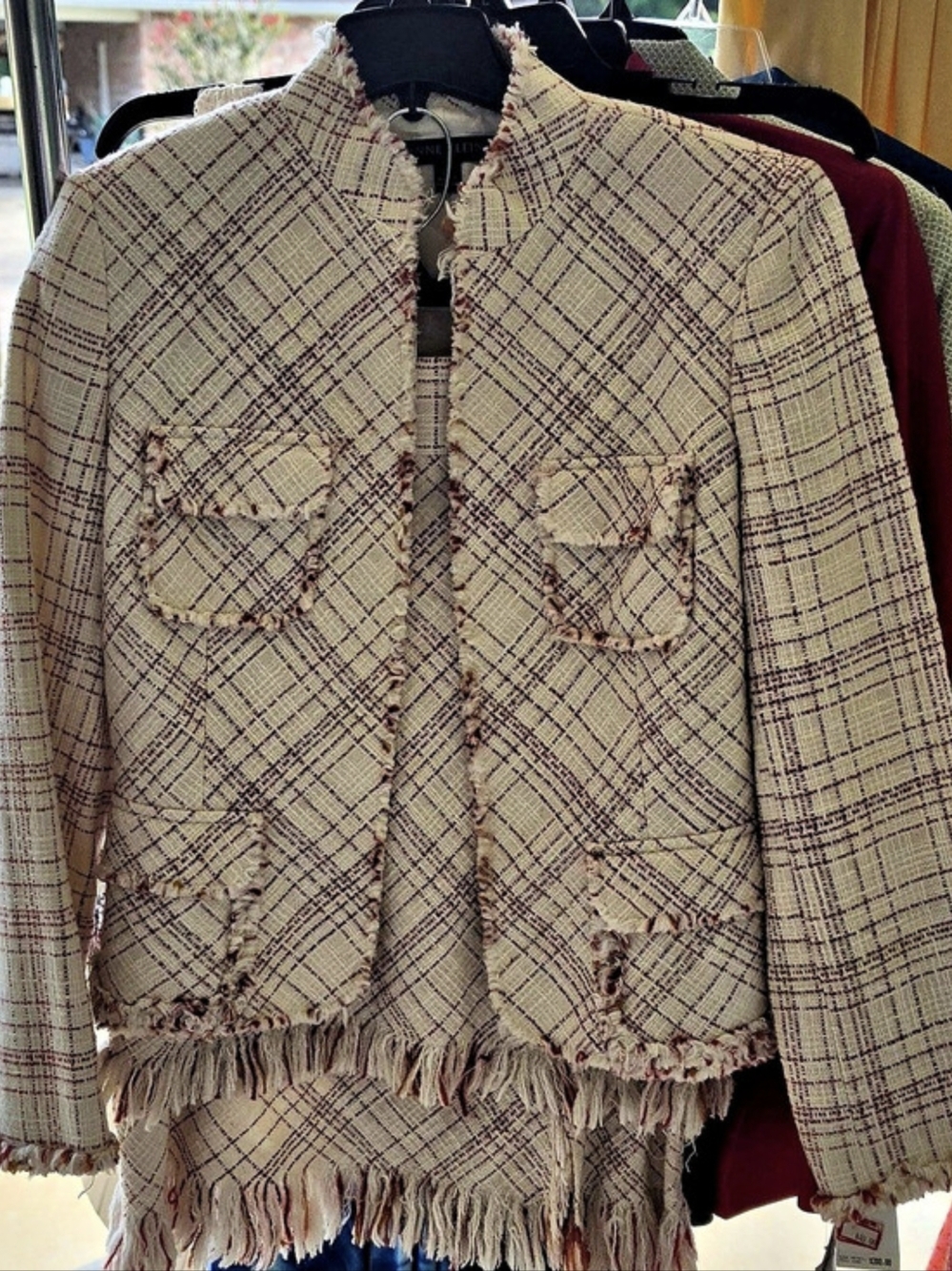 Anne Klein Plaid Fringe Jacket and Skirt Set in Beige & Rust Red Size 14 P